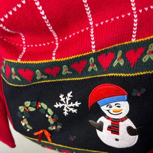 Vintage Cottagecore Red Christmas Snowman Tree Sweater Women 14/16 Cardigan - Picture 2 of 13